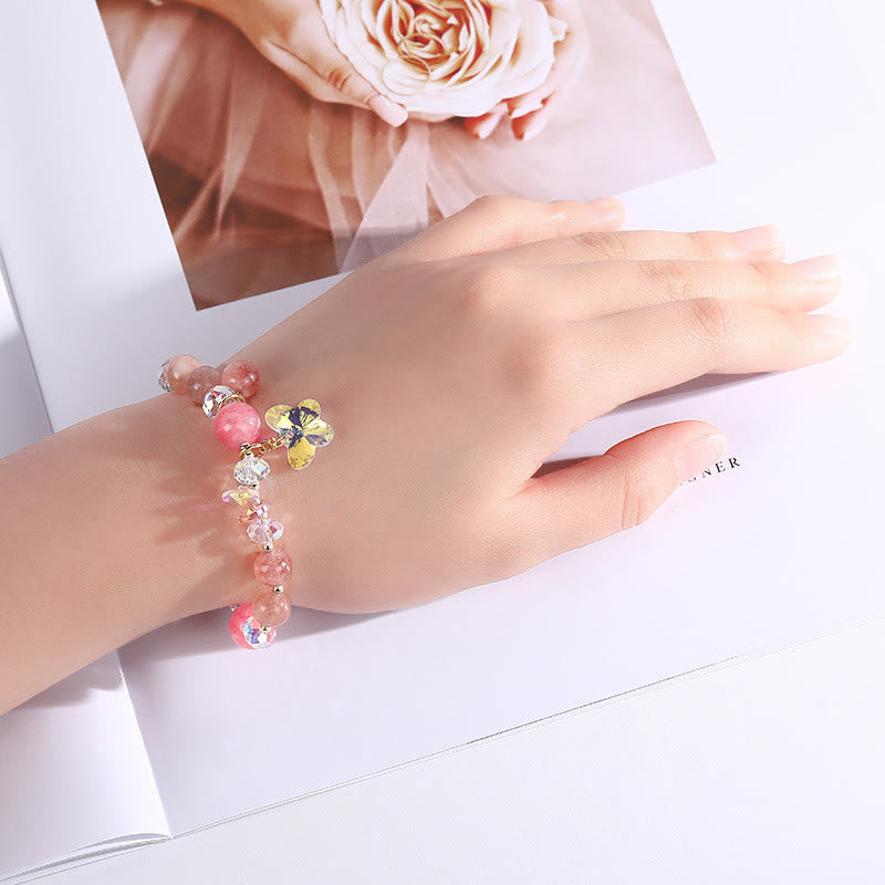 Bracelet amour papillon en quartz fraise, cristal blanc et cristal rose Foviel