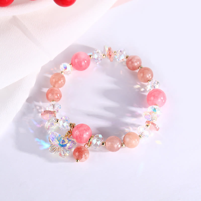 Bracelet amour papillon en quartz fraise, cristal blanc et cristal rose Foviel