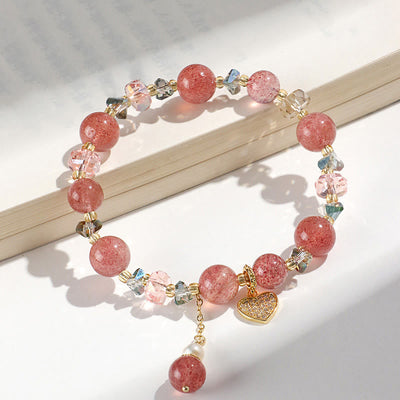 Buddha Stones Strawberry Quartz White Crystal Pearl Liuli Heart Healing Bracelet Bracelet BS 4