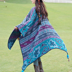 Buddha Stones Tibetan Geometric Horizontal Stripe Flowers Pattern Shawl Fall Winter Warm Soft Scarf Wrap - Blue 160*135cm - image 0