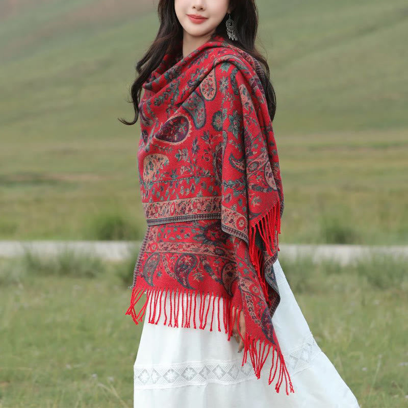 Buddha Stones Tibetan Cashew Flowers Leaves Vine Tassels Shawl Fall Winter Soft Cozy Scarf Wrap - image 1