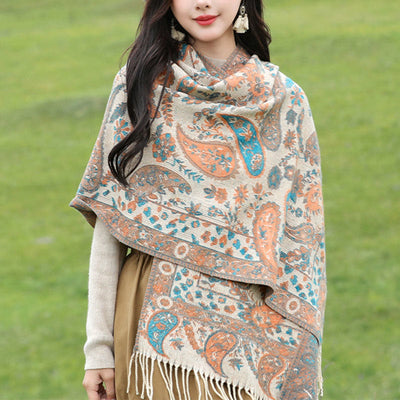 Buddha Stones Tibetan Cashew Flowers Leaves Vine Tassels Shawl Fall Winter Soft Cozy Scarf Wrap - Khaki 70*180cm - image 14