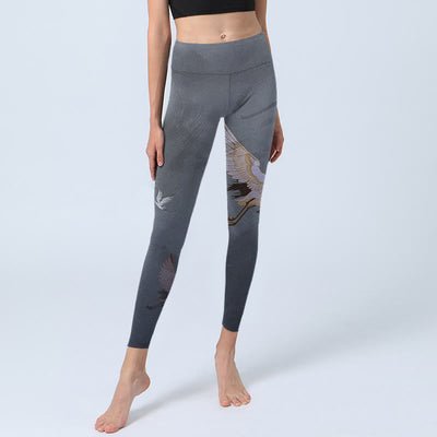 Buddha Stones Auspicious White Crane Pine Tree Print Gym Leggings Women's Yoga Pants - image 6