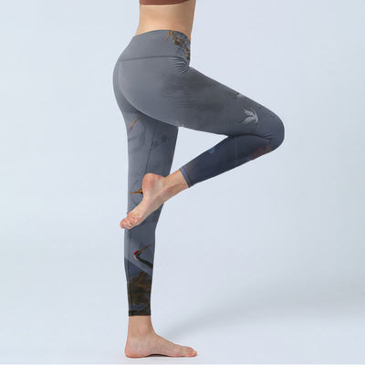 Buddha Stones Auspicious White Crane Pine Tree Print Gym Leggings Women's Yoga Pants - image 4