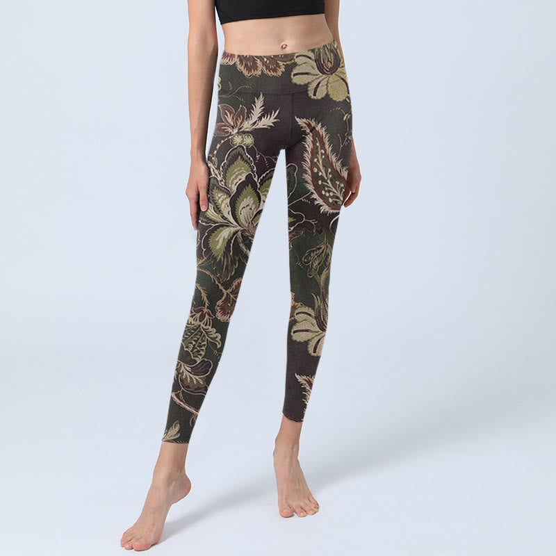 Buddha Stones Olive Florals Print Sports Fitness Leggings Women's Yoga Pants - image 5