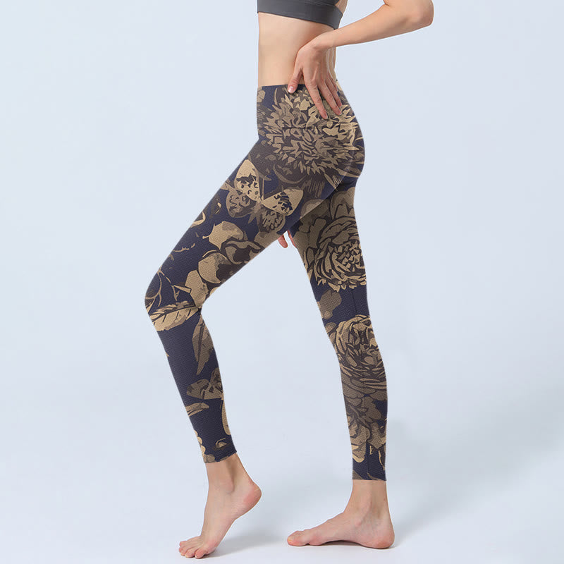Buddha Stones Peony Flowers Leaves Blossom Print Gym Fitness Leggings Women's Yoga Pants - image 2