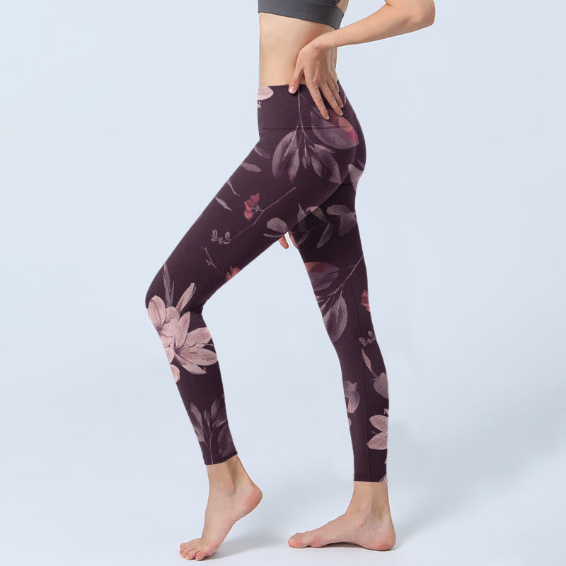 Buddha Stones Purple White Flowers Leaves Blossom Print Gym Fitness Leggings Women's Yoga Pants - image 2