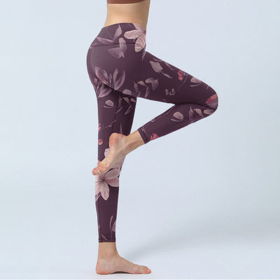 Buddha Stones Purple White Flowers Leaves Blossom Print Gym Fitness Leggings Women's Yoga Pants - image 3