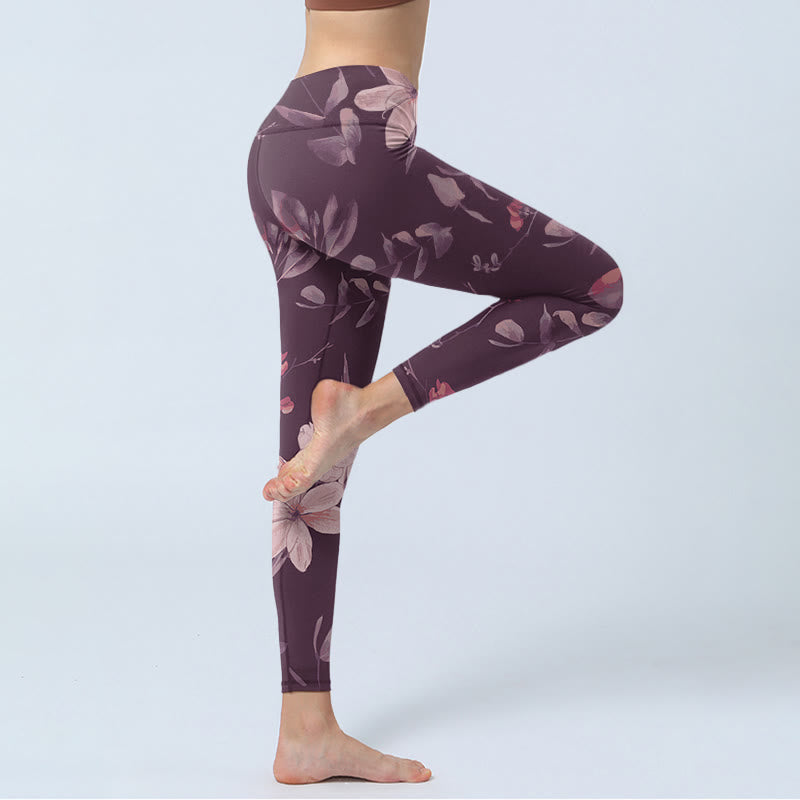 Buddha Stones Purple White Flowers Leaves Blossom Print Gym Fitness Leggings Women's Yoga Pants - image 3