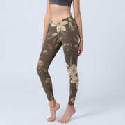 Foviel Purple White Flowers Leaves Blossom Print Gym Fitness Leggings Women's Yoga Pants