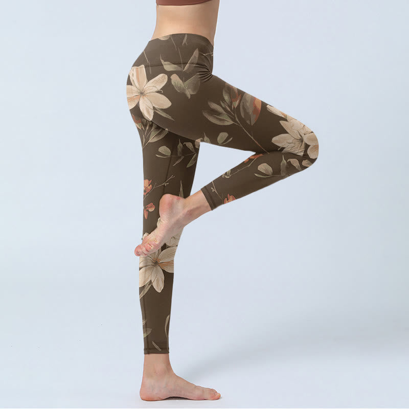 Buddha Stones Purple White Flowers Leaves Blossom Print Gym Fitness Leggings Women's Yoga Pants - image 12