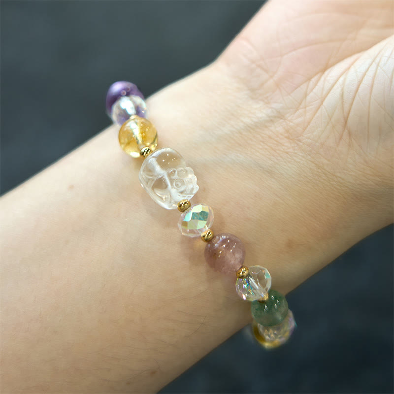 Foviel PiXiu weiß Kristall Citrin grün Erdbeerquarz Amethyst Glück Armband