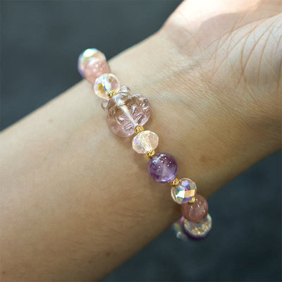 Foviel Amethyst Strawberry Quartz White Crystal Nine Tailed Fox Meditation Bracelet