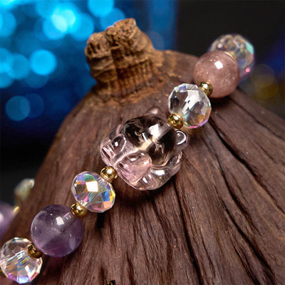 Foviel Amethyst Strawberry Quartz White Crystal Nine Tailed Fox Meditation Bracelet