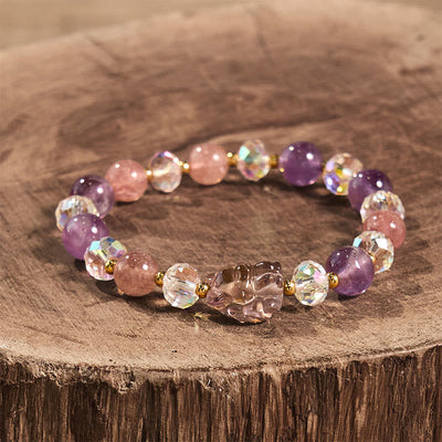 Foviel Amethyst Strawberry Quartz White Crystal Nine Tailed Fox Meditation Bracelet