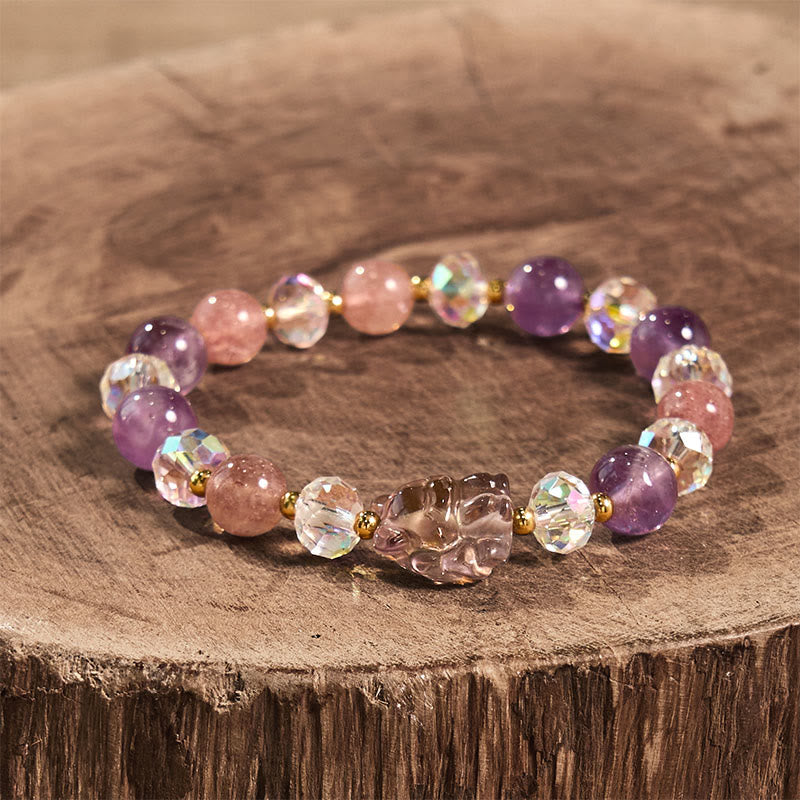 Foviel Amethyst Strawberry Quartz White Crystal Nine Tailed Fox Meditation Bracelet