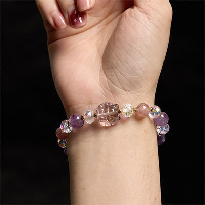 Foviel Amethyst Strawberry Quartz White Crystal Nine Tailed Fox Meditation Bracelet