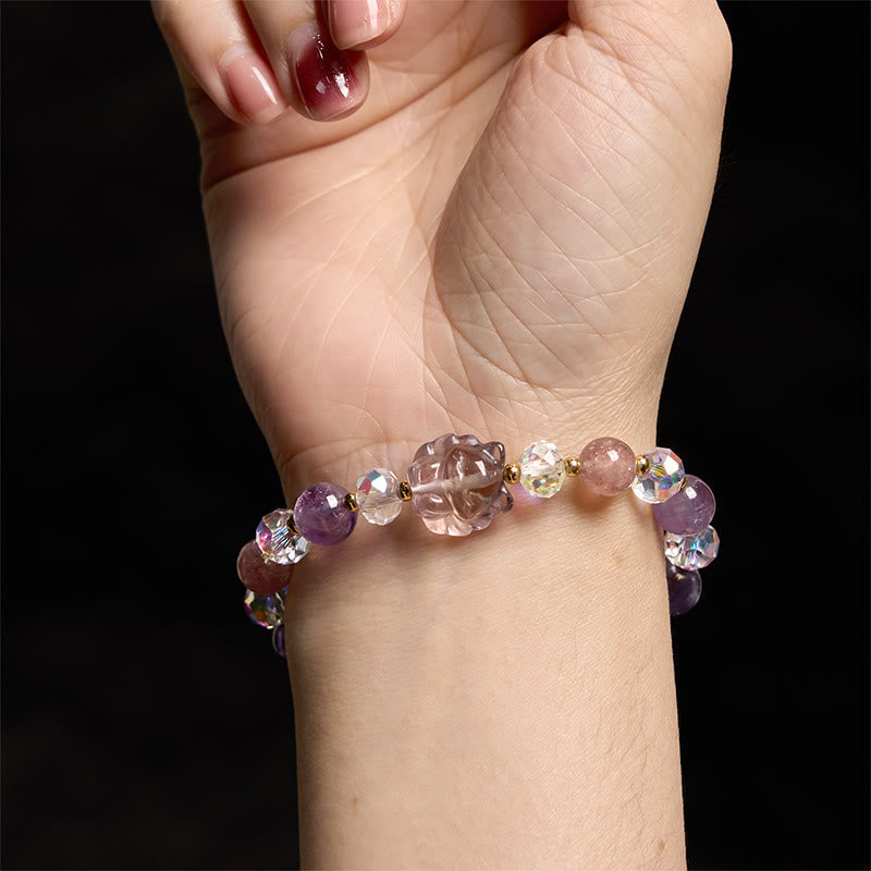 Foviel Amethyst Strawberry Quartz White Crystal Nine Tailed Fox Meditation Bracelet