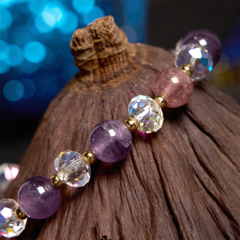 Foviel Amethyst Strawberry Quartz White Crystal Nine Tailed Fox Meditation Bracelet