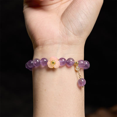 Bracelet de méditation porte-bonheur Foviel en améthyste et fleurs de pêcher