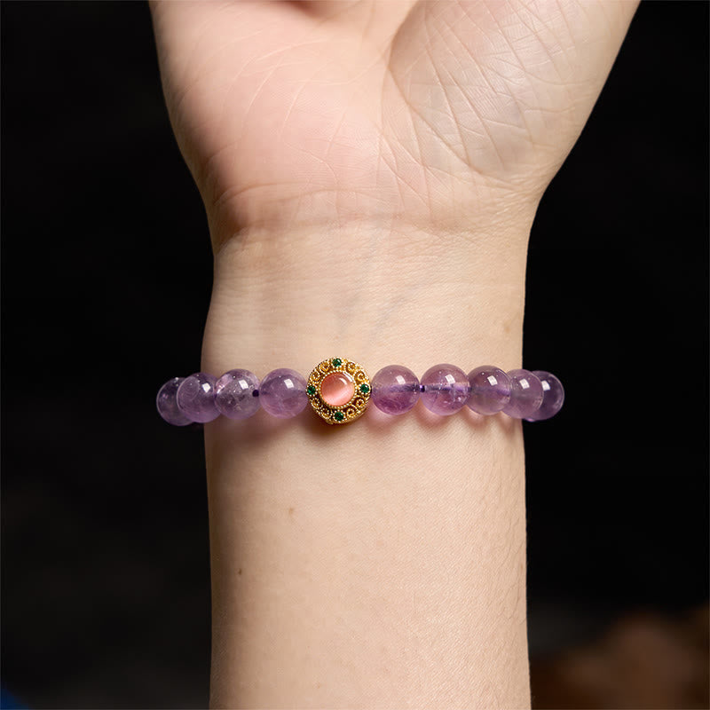 Bracelet de méditation porte-bonheur Foviel en améthyste et fleurs de pêcher