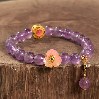 Bracelet de méditation porte-bonheur Foviel en améthyste et fleurs de pêcher