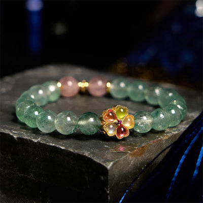 Bracelet Foviel en quartz fraise vert naturel apaisant avec motif Fu