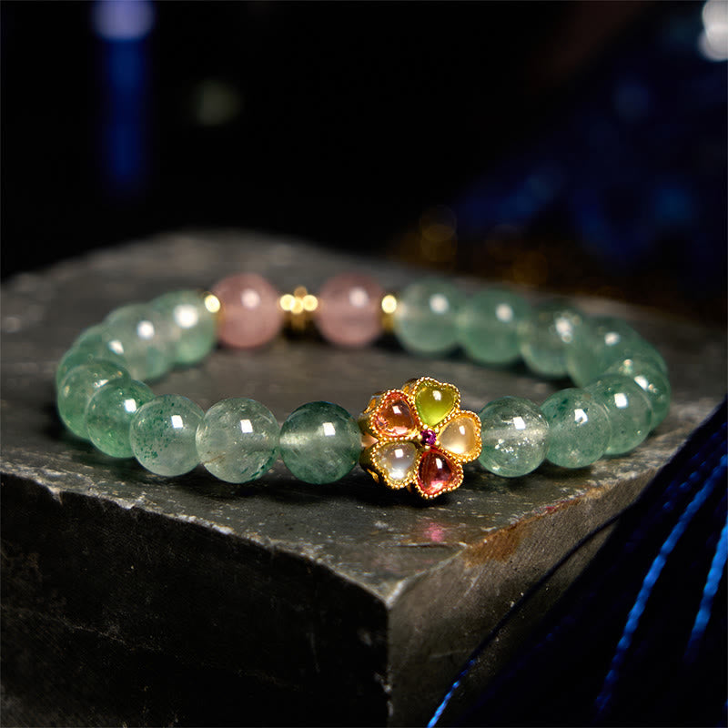Bracelet Foviel en quartz fraise vert naturel apaisant avec motif Fu