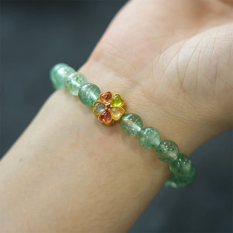 Bracelet Foviel en quartz fraise vert naturel apaisant avec motif Fu
