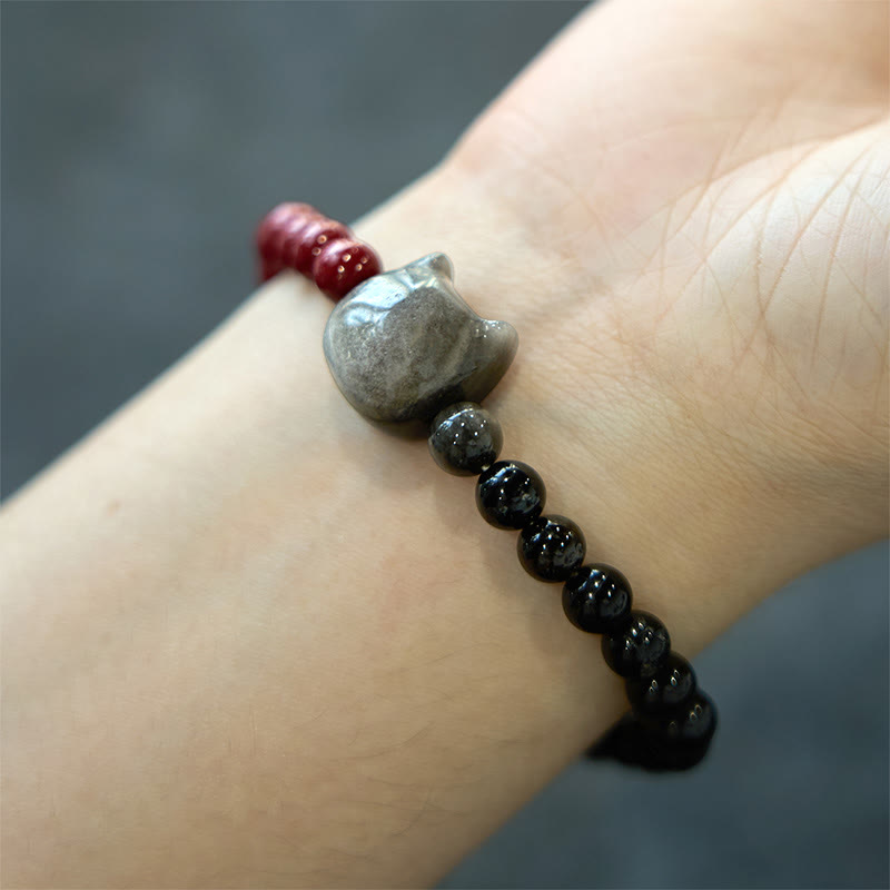 Bracelet Foviel en obsidienne noire, cinabre et obsidienne argentée pour la réalisation des vœux