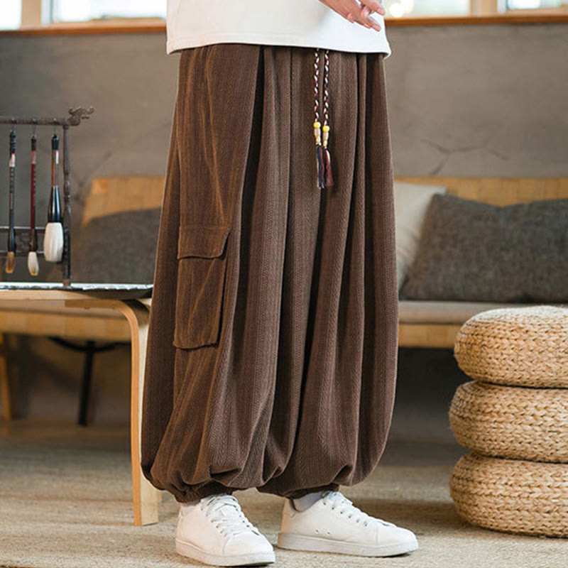 Buddha Stones Fall Winter Men's Drawstring Chenille Corduroy Cargo Pants With Pockets - image 22