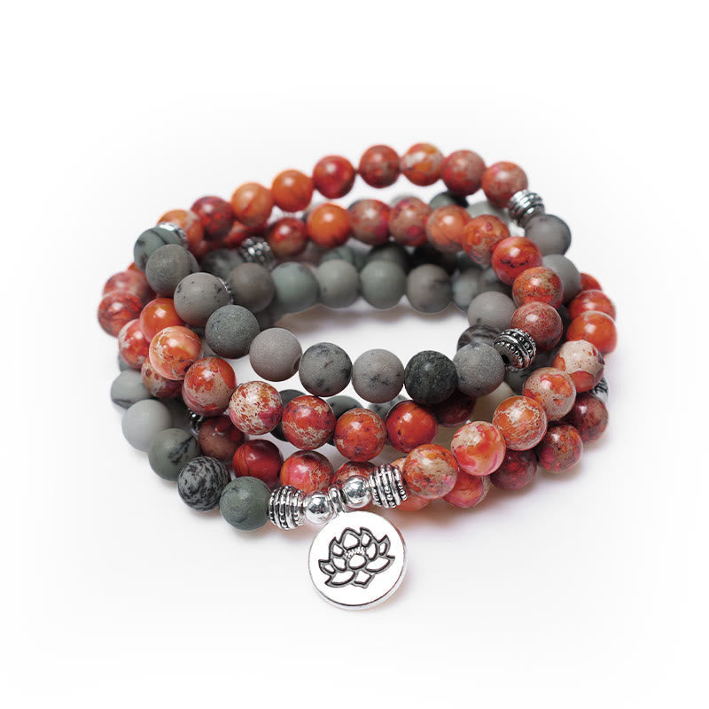 Bracelet de protection Foviel 108 perles mala en pierre naturelle jaspe sédiment marin avec lotus