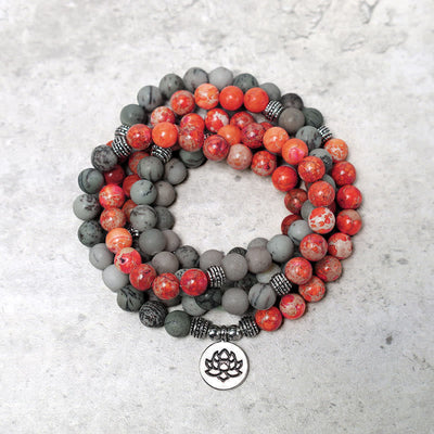 Foviel 108 Mala Beads Natural Stone Sea Sediment Jasper Lotus Protection Bracelet