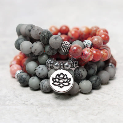 Foviel 108 Mala Beads Natural Stone Sea Sediment Jasper Lotus Protection Bracelet