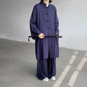 Foviel 2Pcs Men's Long Sleeve Frog-Button Shirt Pants Meditation Zen Cotton Clothing Set