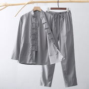Foviel 2Pcs Tang Suit Traditional Frog-Button Men's Long Sleeve Shirt Pants Clothing Set