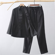 Foviel 2Pcs Tang Suit Traditional Frog-Button Men's Long Sleeve Shirt Pants Clothing Set
