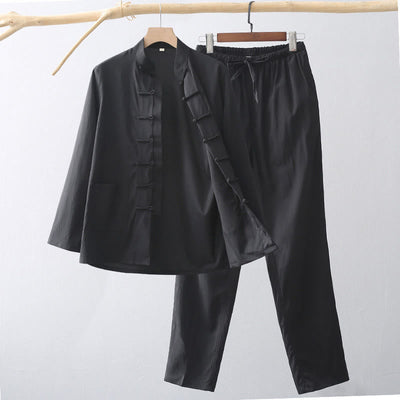 Buddha Stones 2Pcs Tang Suit Traditional Frog-Button Men's Long Sleeve Shirt Pants Clothing Set - Black - US/UK/AU44，EU54 (4XL) - image 10