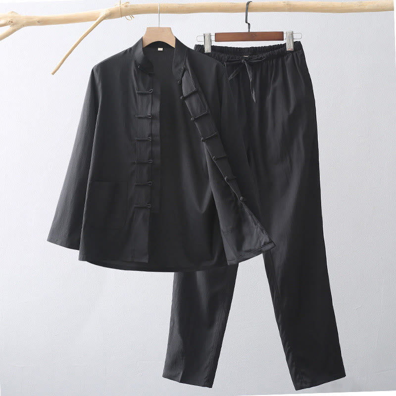 Buddha Stones 2Pcs Tang Suit Traditional Frog-Button Men's Long Sleeve Shirt Pants Clothing Set - Black - US/UK/AU44，EU54 (4XL) - image 10