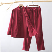 Foviel 2Pcs Tang Suit Traditional Frog-Button Men's Long Sleeve Shirt Pants Clothing Set