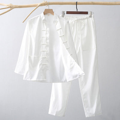 Buddha Stones 2Pcs Tang Suit Traditional Frog-Button Men's Long Sleeve Shirt Pants Clothing Set - White - US/UK/AU44，EU54 (4XL) - image 9