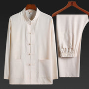 Foviel 2Pcs Tang Suit Plain Color Frog-Button Men's Long Sleeve Shirt Pants Set
