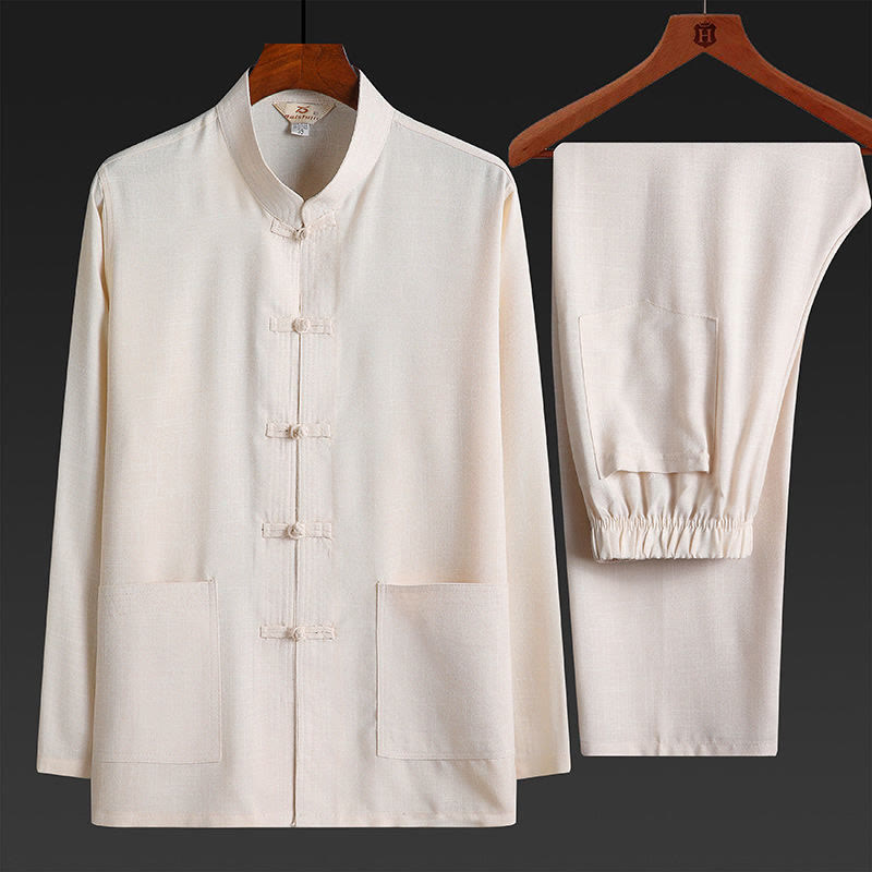 Buddha Stones 2Pcs Tang Suit Plain Color Frog-Button Men's Long Sleeve Shirt Pants Set - Linen - 2Pcs Set - US/UK/AU44，EU54 (4XL) - image 16