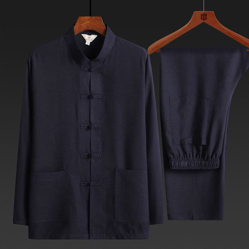Buddha Stones 2Pcs Tang Suit Plain Color Frog-Button Men's Long Sleeve Shirt Pants Set - MidnightBlue - 2Pcs Set - US/UK/AU44，EU54 (4XL) - image 0
