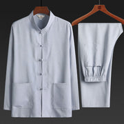 Foviel 2Pcs Tang Suit Plain Color Frog-Button Men's Long Sleeve Shirt Pants Set