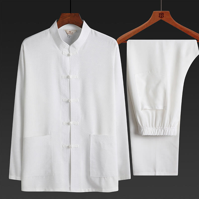 Buddha Stones 2Pcs Tang Suit Plain Color Frog-Button Men's Long Sleeve Shirt Pants Set - White - 2Pcs Set - US/UK/AU44，EU54 (4XL) - image 19