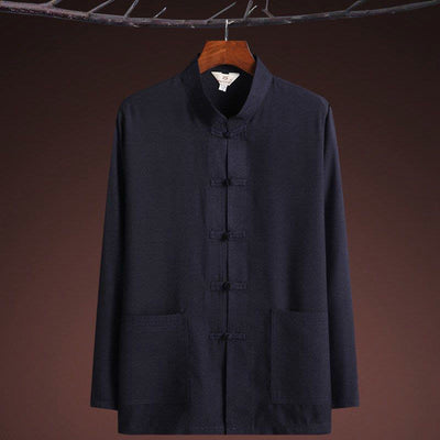 Buddha Stones 2Pcs Tang Suit Plain Color Frog-Button Men's Long Sleeve Shirt Pants Set - image 1