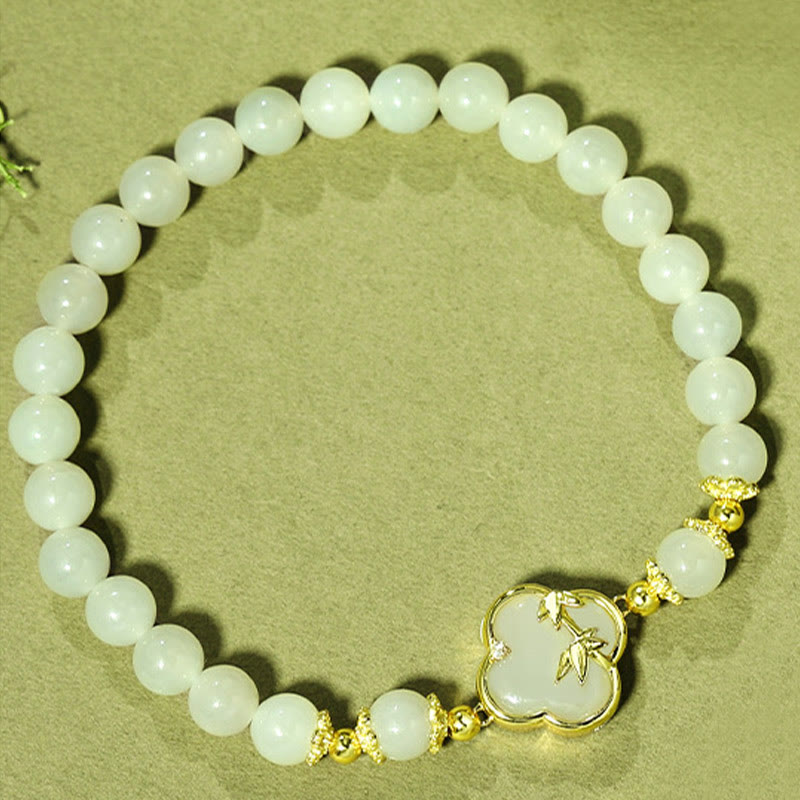 Buddha Stones Hetian Jade 925 Sterling Silver Four Leaf Clover Bamboo Luck Bracelet Bracelet BS 1