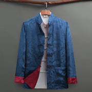 Foviel Men's Frog-Button Tang Suit Koi Fish Pattern Long Sleeve Shirt With Pockets