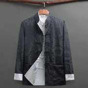 Foviel Men's Frog-Button Tang Suit Koi Fish Pattern Long Sleeve Shirt With Pockets